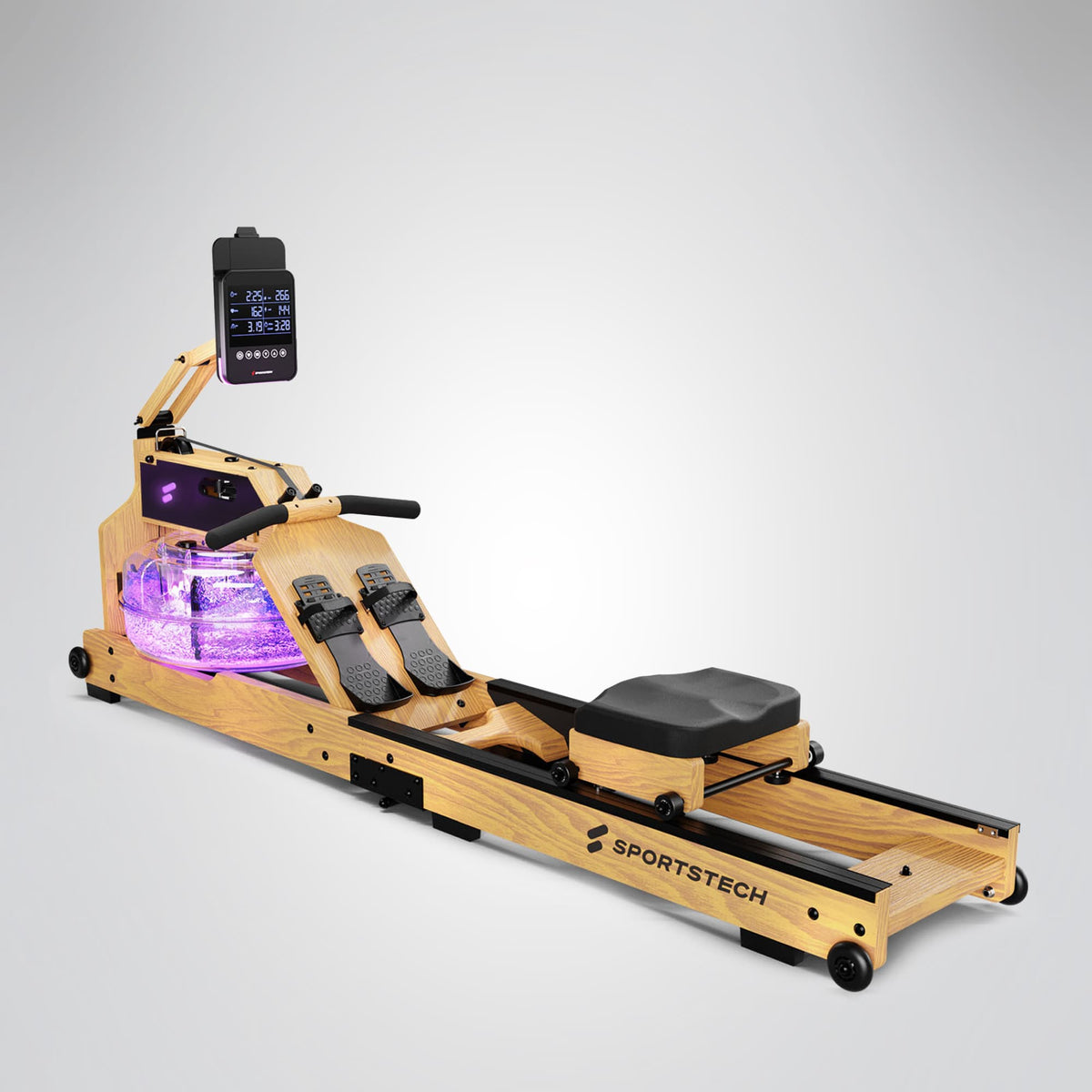 WRX1000 Wasserrudergerät aus Eschenholz mit violett beleuchtetem Wassertank und LCD-Konsole