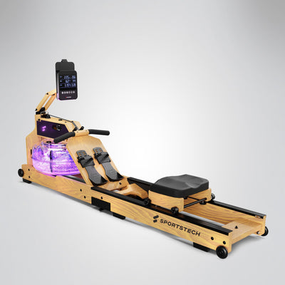 WRX1000 Wasserrudergerät aus Eschenholz mit violett beleuchtetem Wassertank und LCD-Konsole