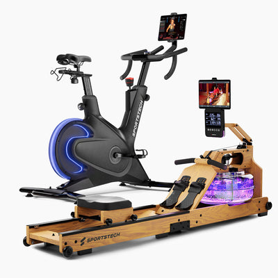 sBike Lite Speedbike neben dem WRX1000 Wasserrudergerät mit Holzrahmen und blau beleuchtetem Wassertank