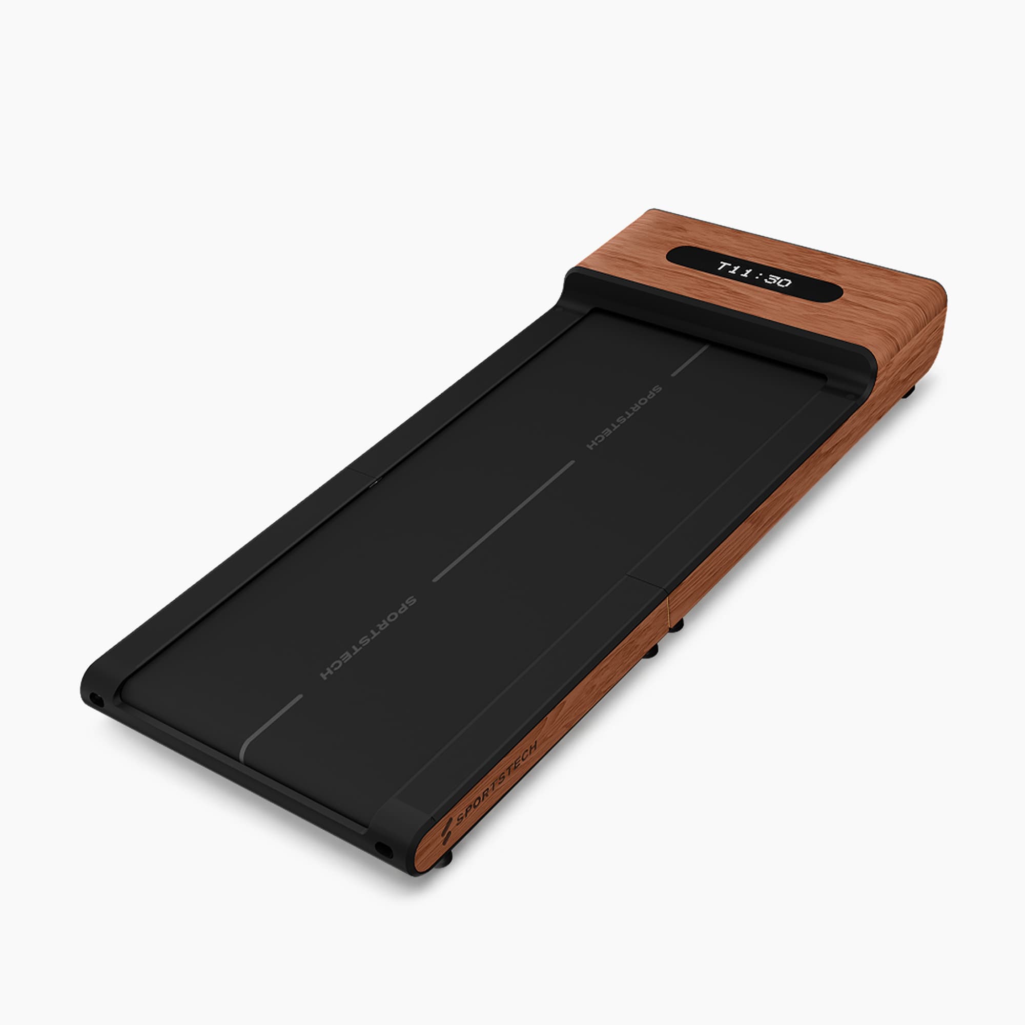 WoodPad Pro Laufband in Holzoptik dunkelbraun, 3/4-Ansicht von oben mit LED-Display