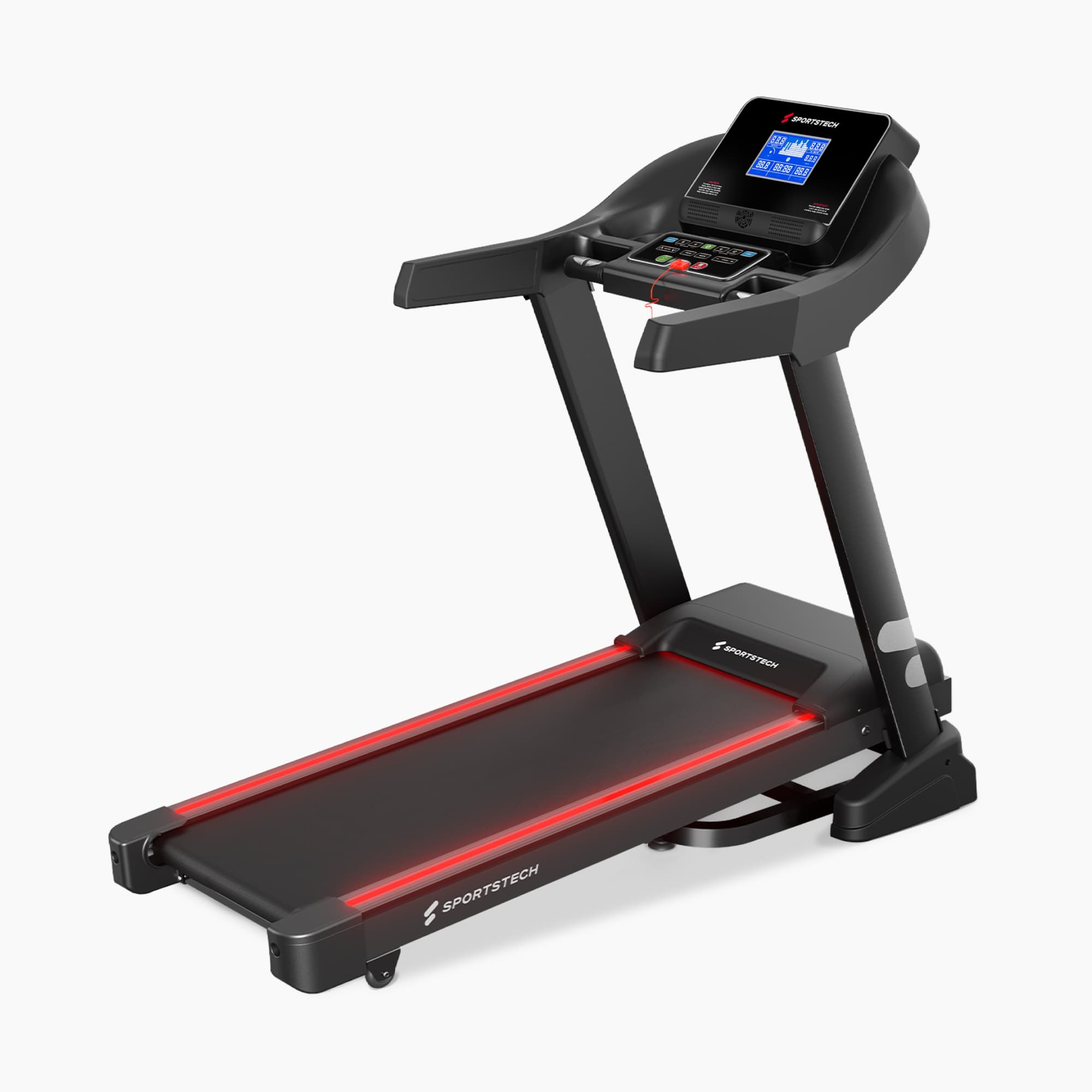 F37s Profi-Laufband in 3/4-Ansicht mit LCD-Konsole und rot beleuchteter Lauffläche