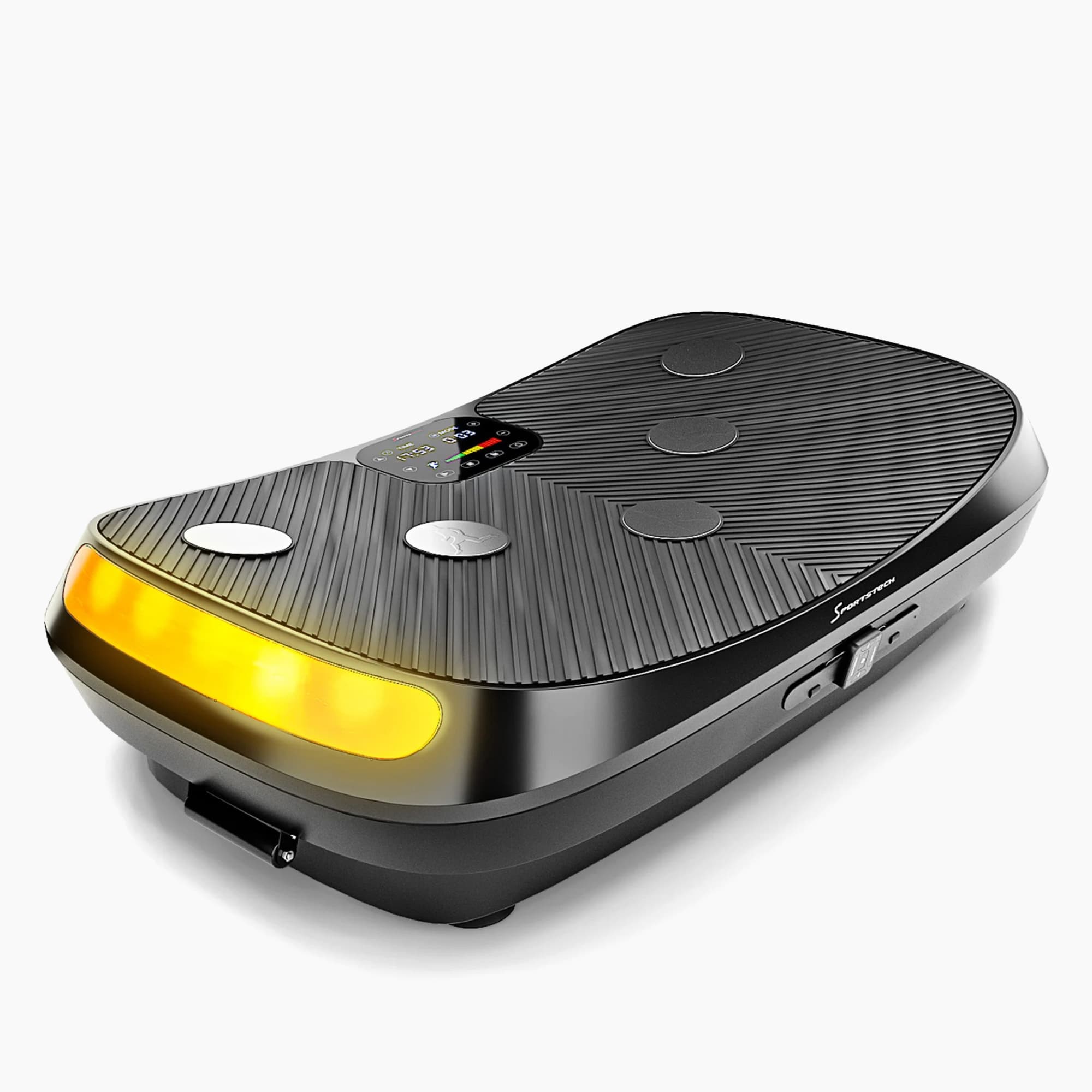 VP400 Vibrationsplatte in 3/4-Ansicht, schwarze geriffelte Standfläche mit Display und orange leuchtendem LED-Streifen