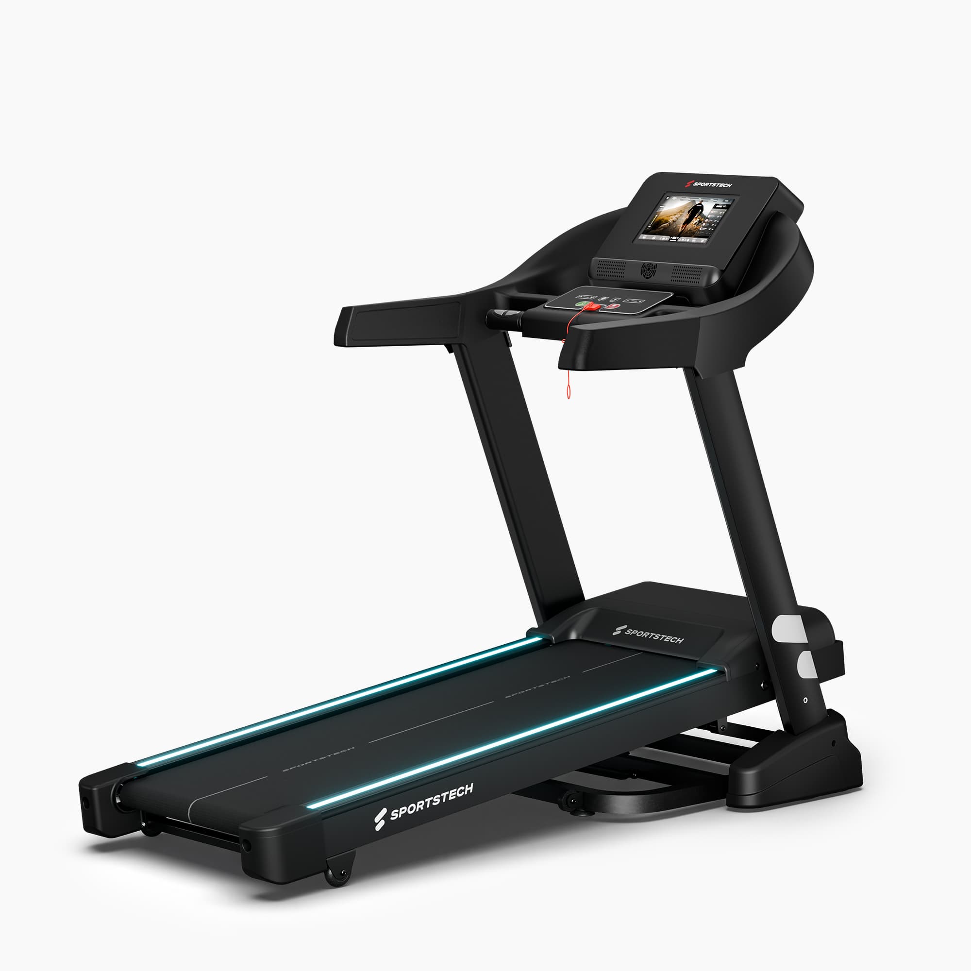 F37s Pro Laufband in 3/4-Ansicht, schwarzer Rahmen mit LED-Streifen am Deck und Touchdisplay an der Konsole
