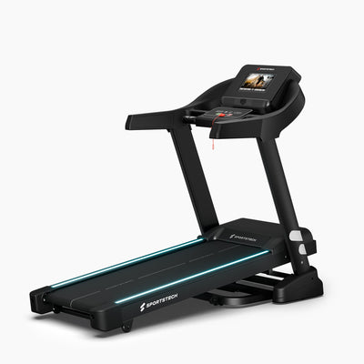 F37s Pro Laufband in 3/4-Ansicht, schwarzer Rahmen mit LED-Streifen am Deck und Touchdisplay an der Konsole