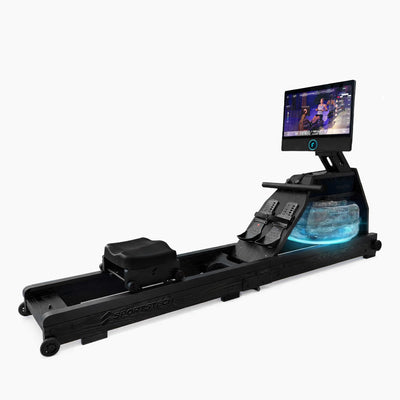 Schwarzes Aqua Elite von schräg vorn mit 21,5-Zoll-Touchdisplay und blau beleuchtetem Wassertank