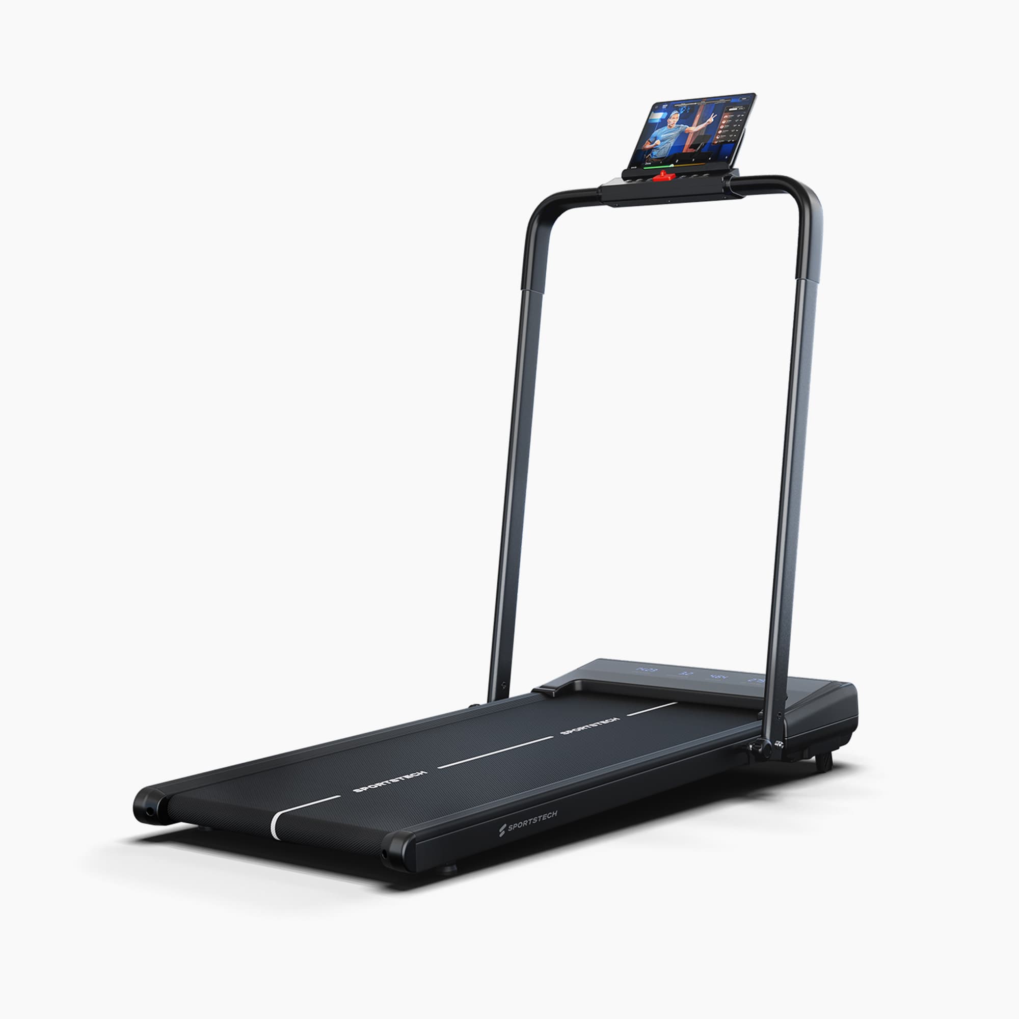 sWalk Lite Plus Laufband in 3/4-Ansicht mit aufgestelltem Haltebügel und Tablet-Halterung samt Trainingsapp