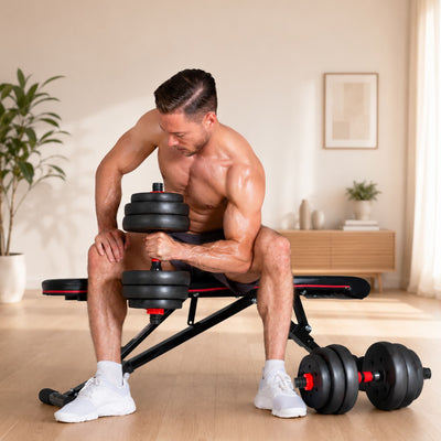 Mann sitzt auf Trainingsbank und macht Bizeps-Curls mit AH150 Kurzhantel, zweite Hantel am Boden, heller Raum