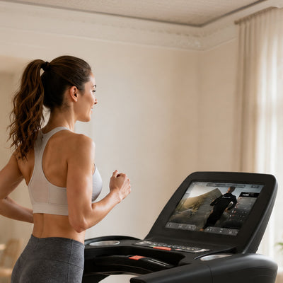 Frau joggt am F75 Profi-Laufband und blickt auf das Touchdisplay mit Lauf-Kurs