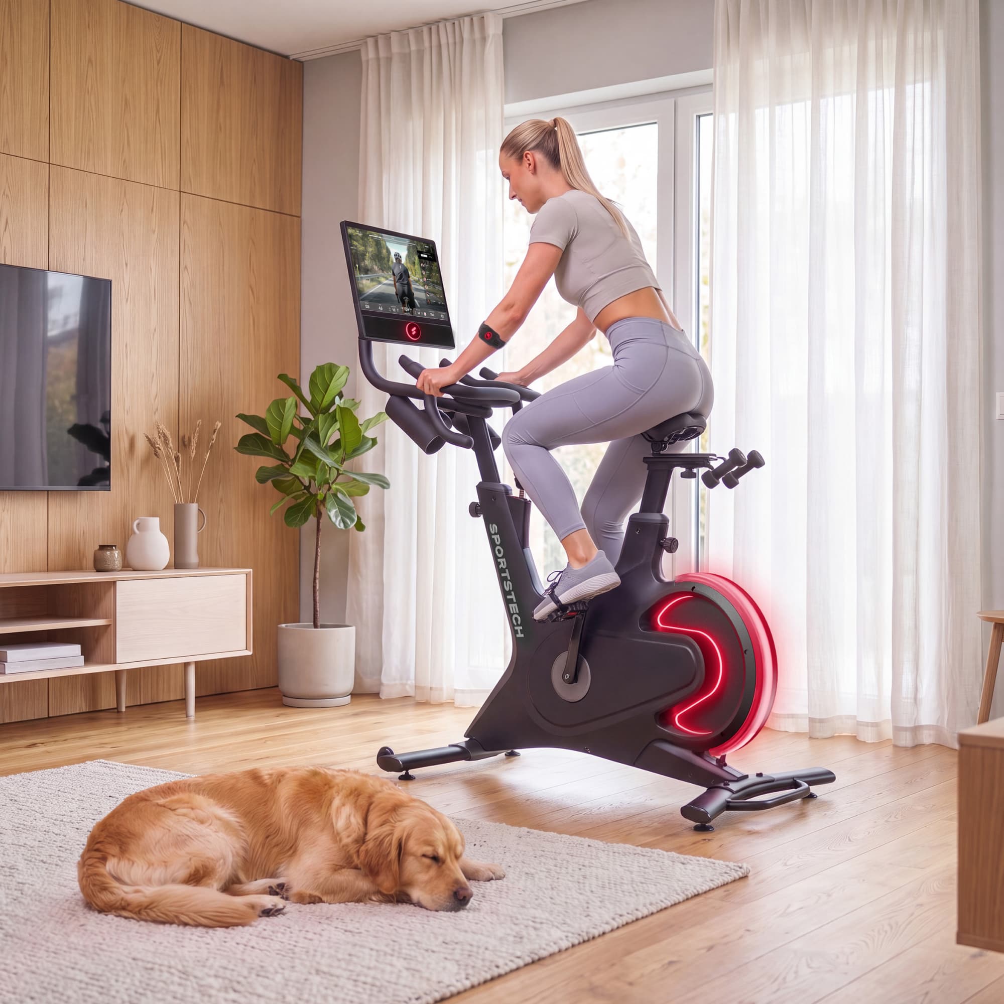 Frau trainiert auf dem sBike im Wohnzimmer, ein Hund liegt daneben auf dem Teppich