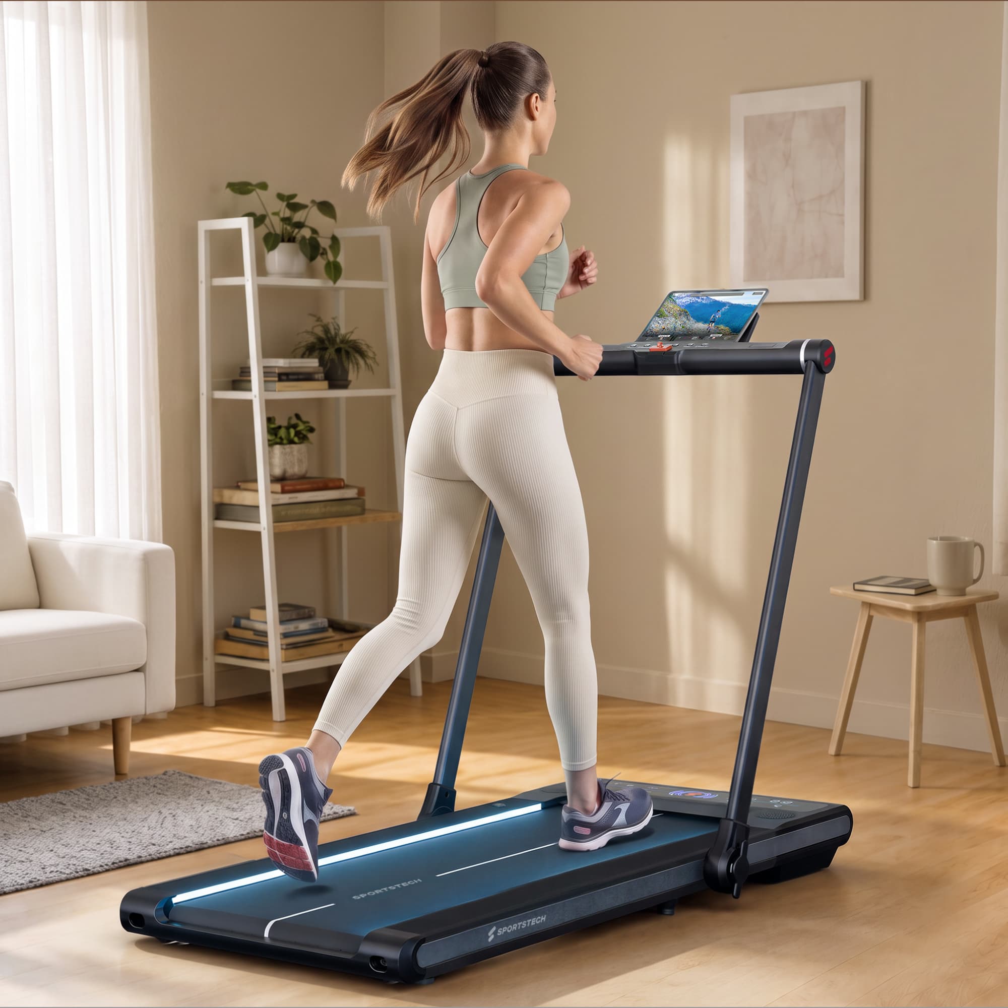 Frau läuft im Wohnzimmer auf dem sWalk Plus Laufband mit aufgestelltem Haltebügel und Tablet in der Halterung