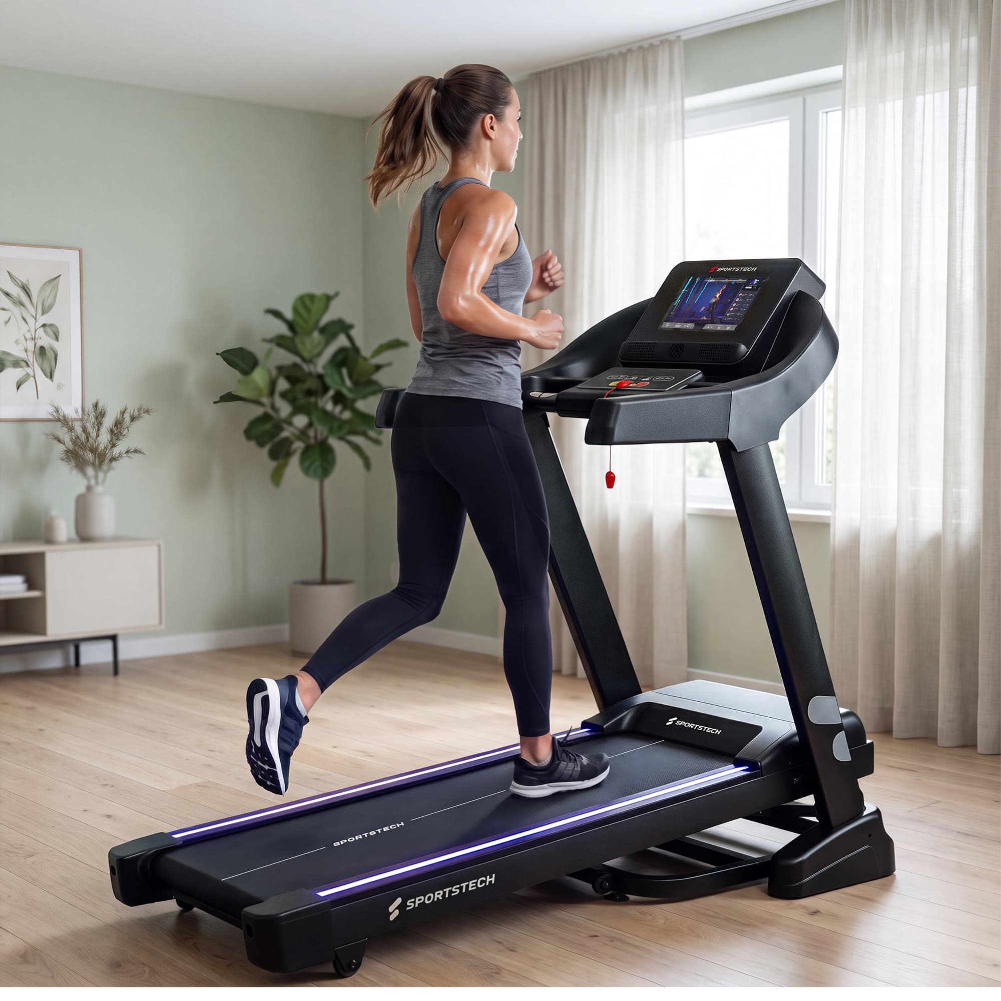 Frau läuft auf F37s Pro Laufband in hellem Wohnraum, violett leuchtende Deck-LEDs, Zimmerpflanze im Hintergrund