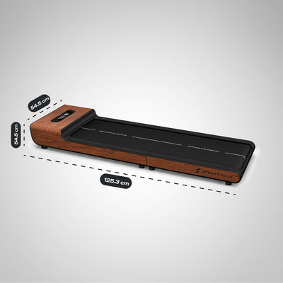Dunkelbraunes WoodPad Pro seitlich mit Maßangaben 125,3 cm Länge und 54,5 cm Breite