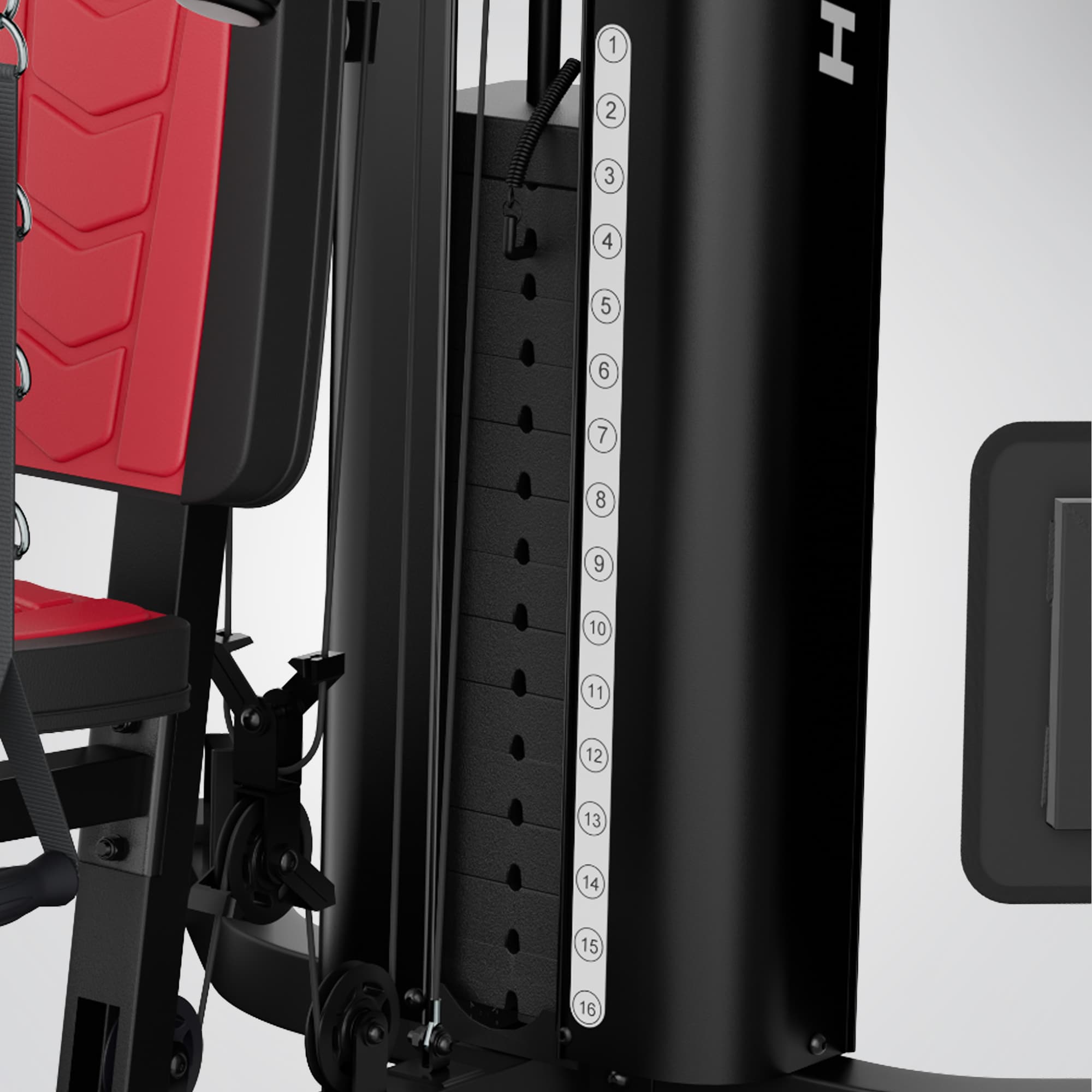 Detailaufnahme des Gewichtsblocks der HGX150 mit nummerierter Skala von 1 bis 16 und Steckstift