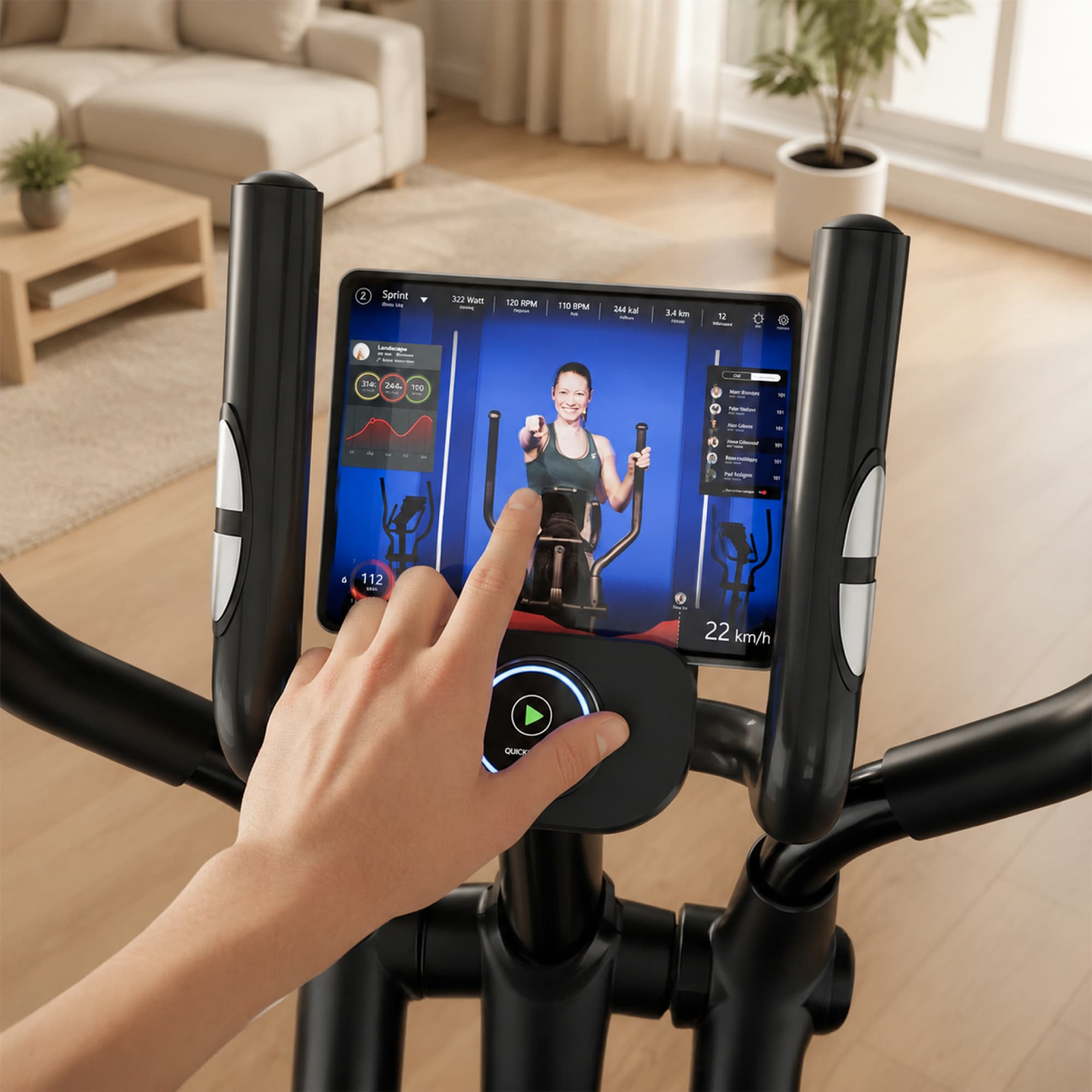 Blick auf Tablet in der Halterung des CX625 mit laufender Trainings-App zwischen den Griffen