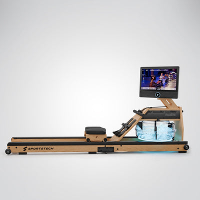 Hellbraunes Aqua Elite von der Seite mit 21,5-Zoll-Display, Sattel und türkis beleuchtetem Wassertank