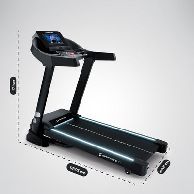F37s Pro Laufband mit Maßangaben 171 cm Höhe, 137,5 cm Länge und 83,5 cm Breite, 3/4-Ansicht