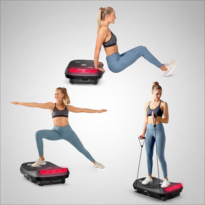 Collage aus drei Übungen auf der VP400 Vibrationsplatte: Dips, Ausfallschritt und Training mit Widerstandsbändern