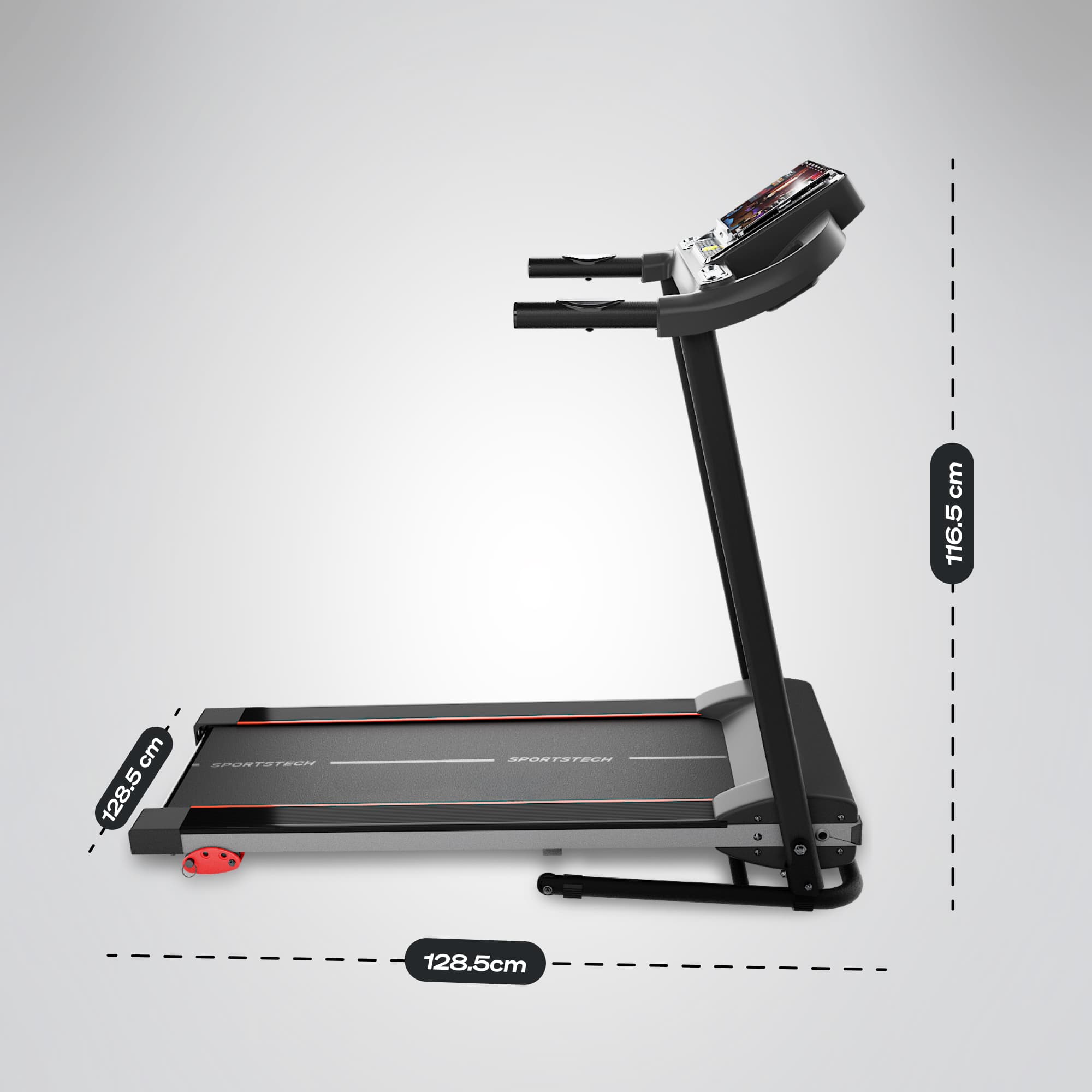 Seitenansicht des F10 Laufbands mit Maßangaben 128,5 cm Länge und 116,5 cm Höhe