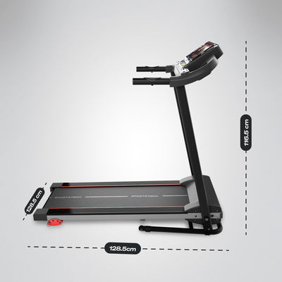 Seitenansicht des F10 Laufbands mit Maßangaben 128,5 cm Länge und 116,5 cm Höhe