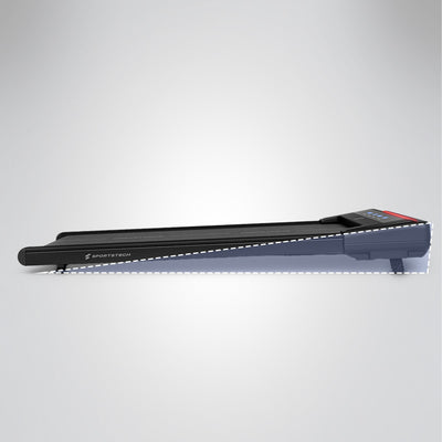 Seitenansicht des flachen sWalk Lite Walking Pad mit gestrichelter Konturlinie zur Höhe