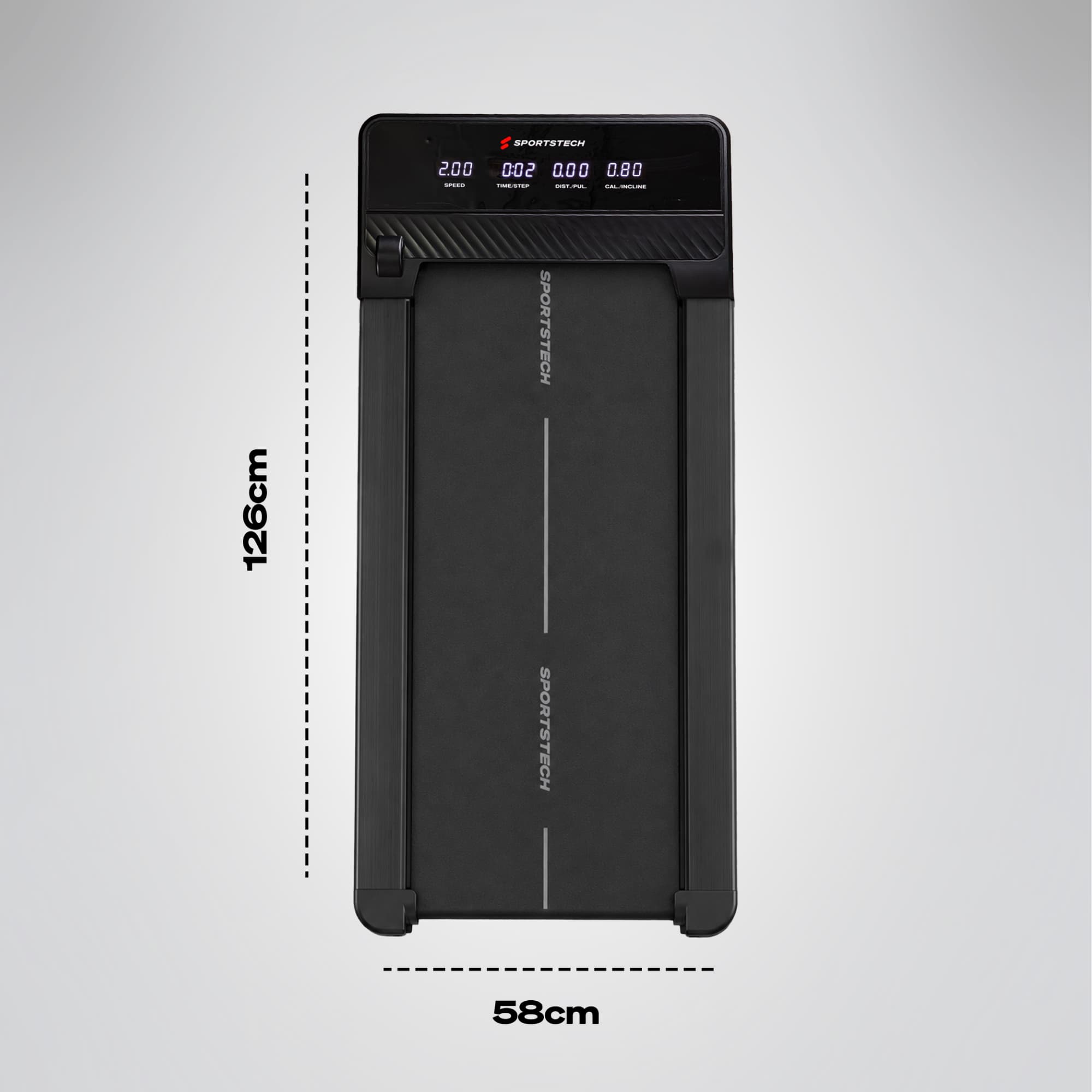 Massgrafik des sPad500 Walking Pad von oben mit Angaben 126 cm Länge und 58 cm Breite sowie Display