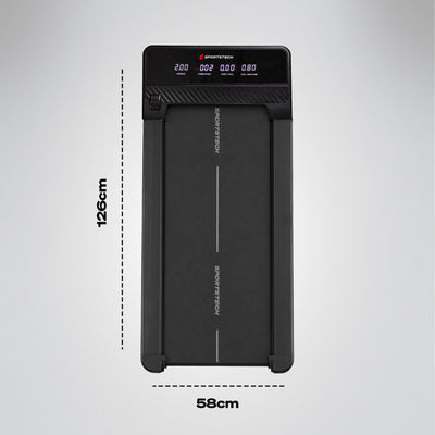 Massgrafik des sPad500 Walking Pad von oben mit Angaben 126 cm Länge und 58 cm Breite sowie Display