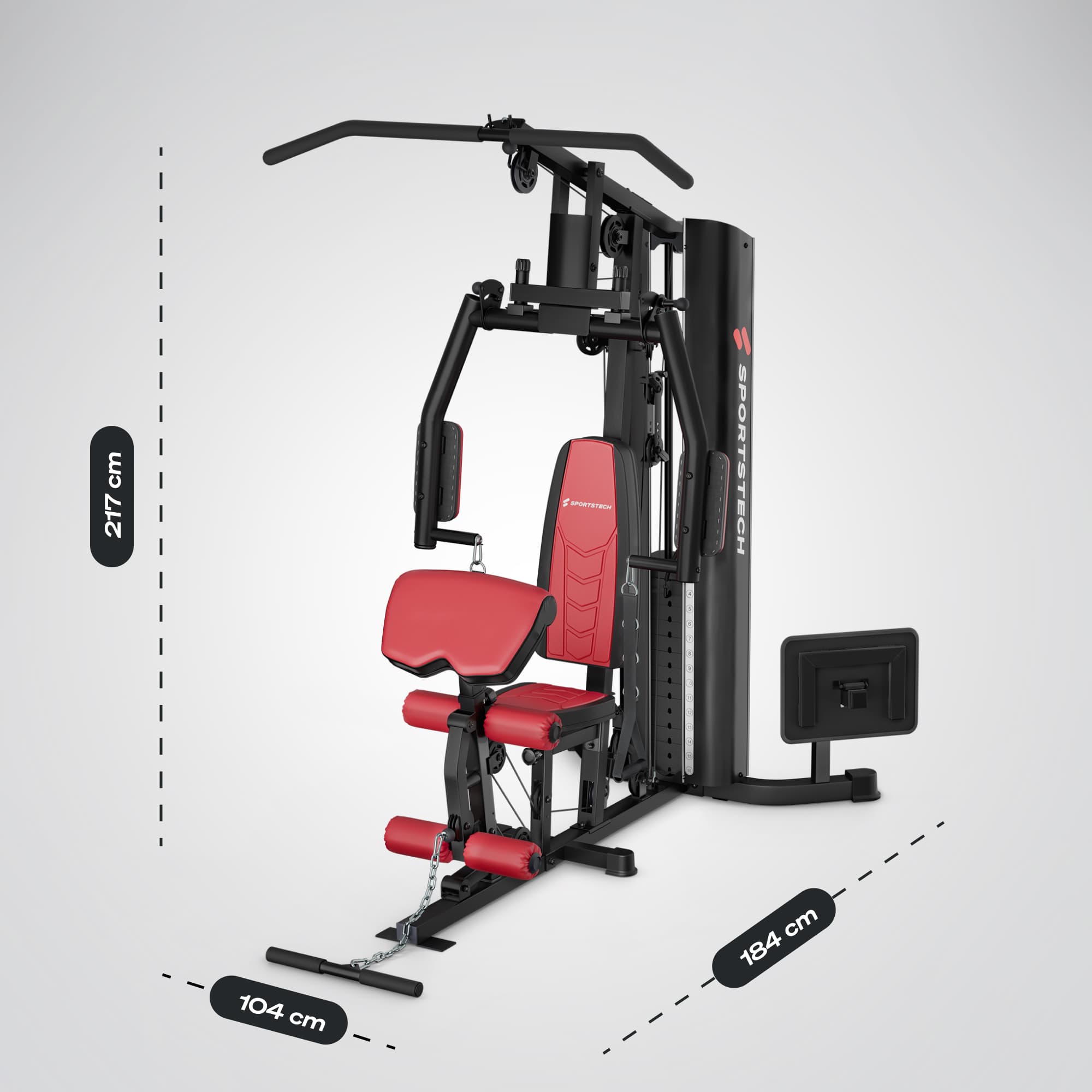 HGX150 Kraftstation mit Maßangaben 217 cm Höhe, 184 cm Tiefe und 104 cm Breite als Bemaßungsgrafik