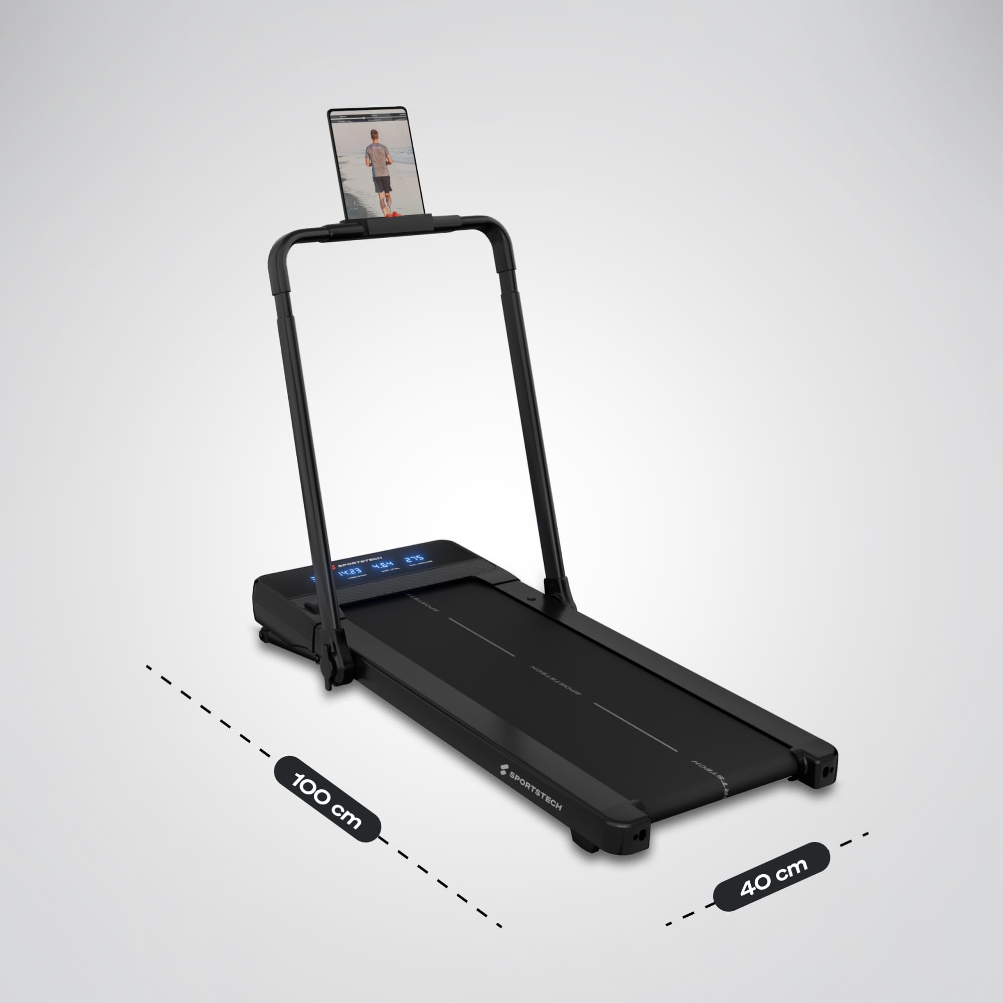 sPad1000 Laufband mit Haltegriff und Tablet, Maßangaben 100 cm und 40 cm