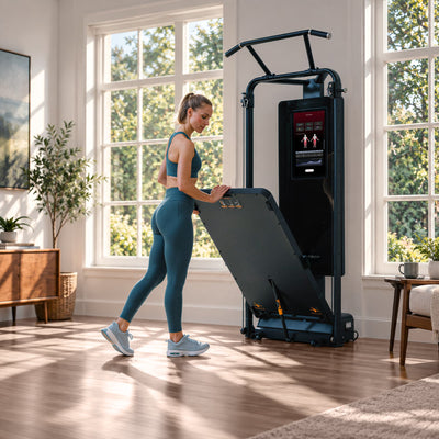 Frau klappt die Plattform der sGym Pro im sonnigen Wohnzimmer hoch