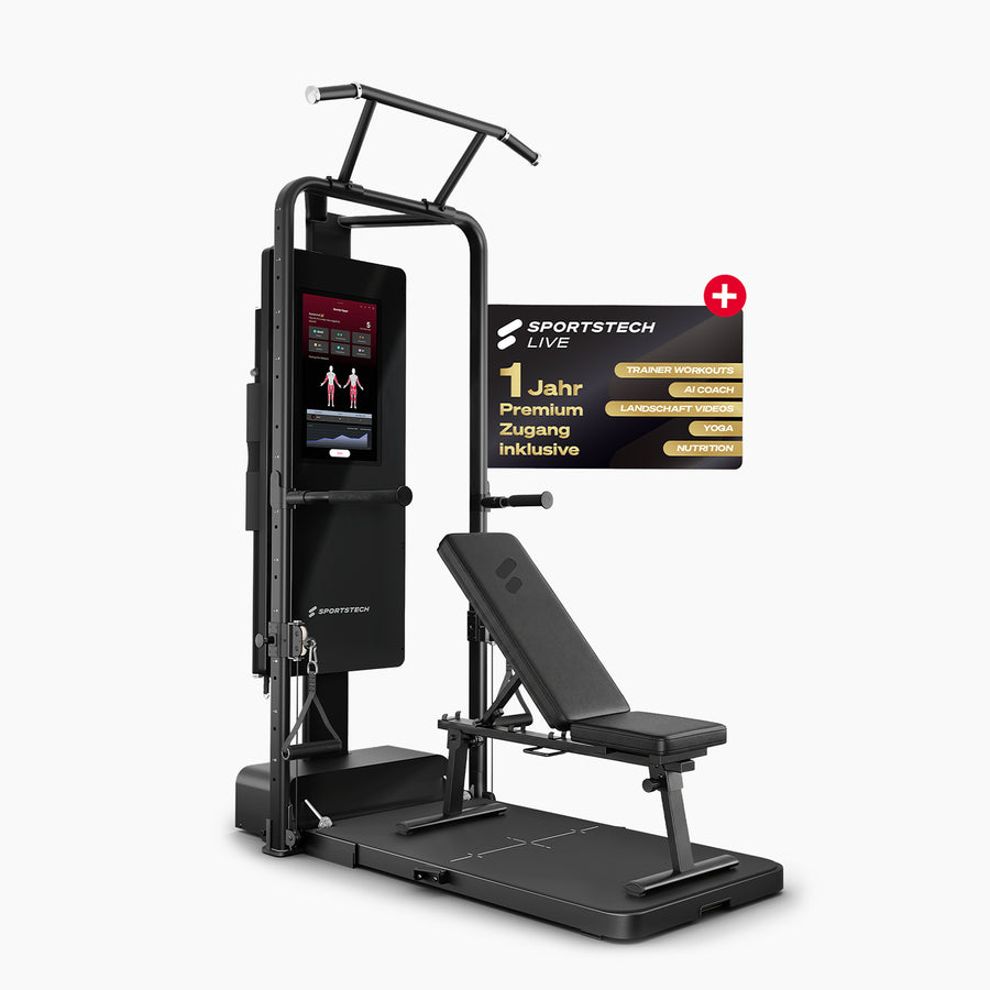 sGym Pro Kraftstation mit sGym Bench Trainingsbank, Klimmzugstange und Touchscreen, Freisteller