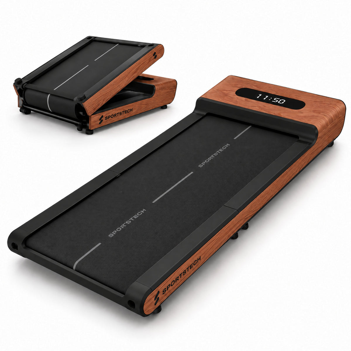 WoodPad Pro Laufband in Holzoptik dunkelbraun ausgeklappt, dahinter zusammengeklappte Ansicht