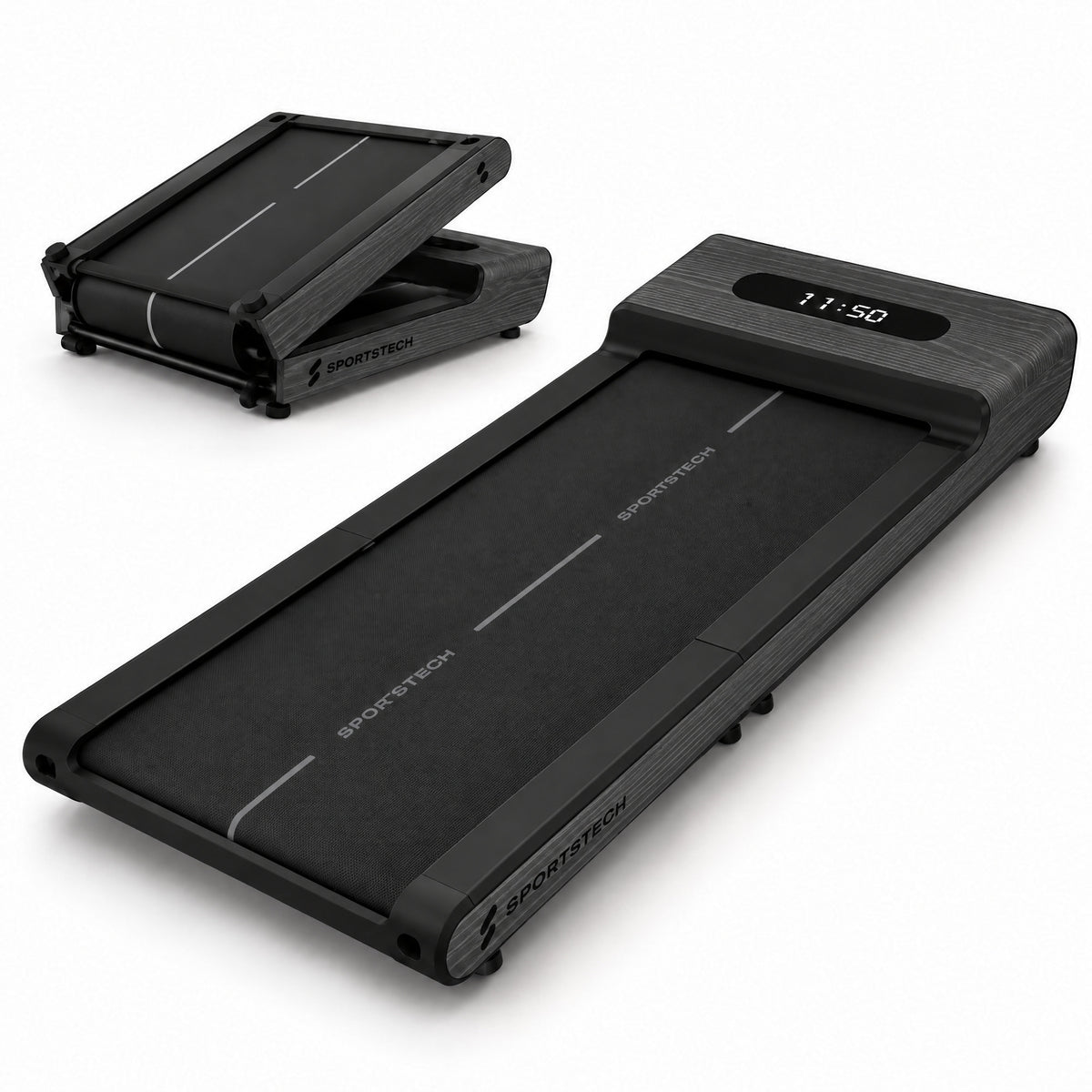 WoodPad Pro Laufband in Grau ausgeklappt, dahinter zusammengeklappte Ansicht