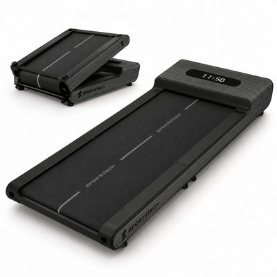 WoodPad Pro Laufband in Grau ausgeklappt, dahinter zusammengeklappte Ansicht