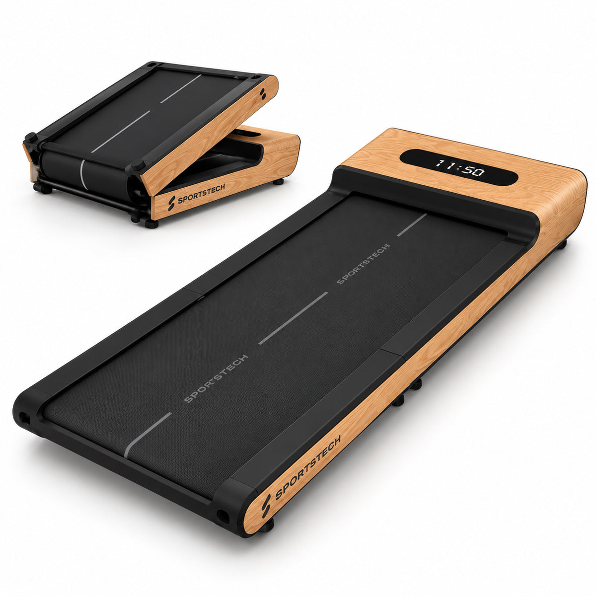 WoodPad Pro Laufband in Holzoptik hellbraun ausgeklappt, dahinter zusammengeklappte Ansicht