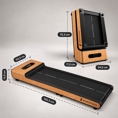 Sportstech WoodPad Pro Maße: ausgeklappt 125,3 x 54,5 x 13,8 cm, zusammengeklappt 75,3 x 54,5 x 17,2 cm