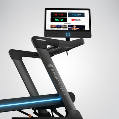 Touchscreen des sTread Pro Laufbands mit der Streaming-Uebersicht der integrierten Unterhaltungs-Apps