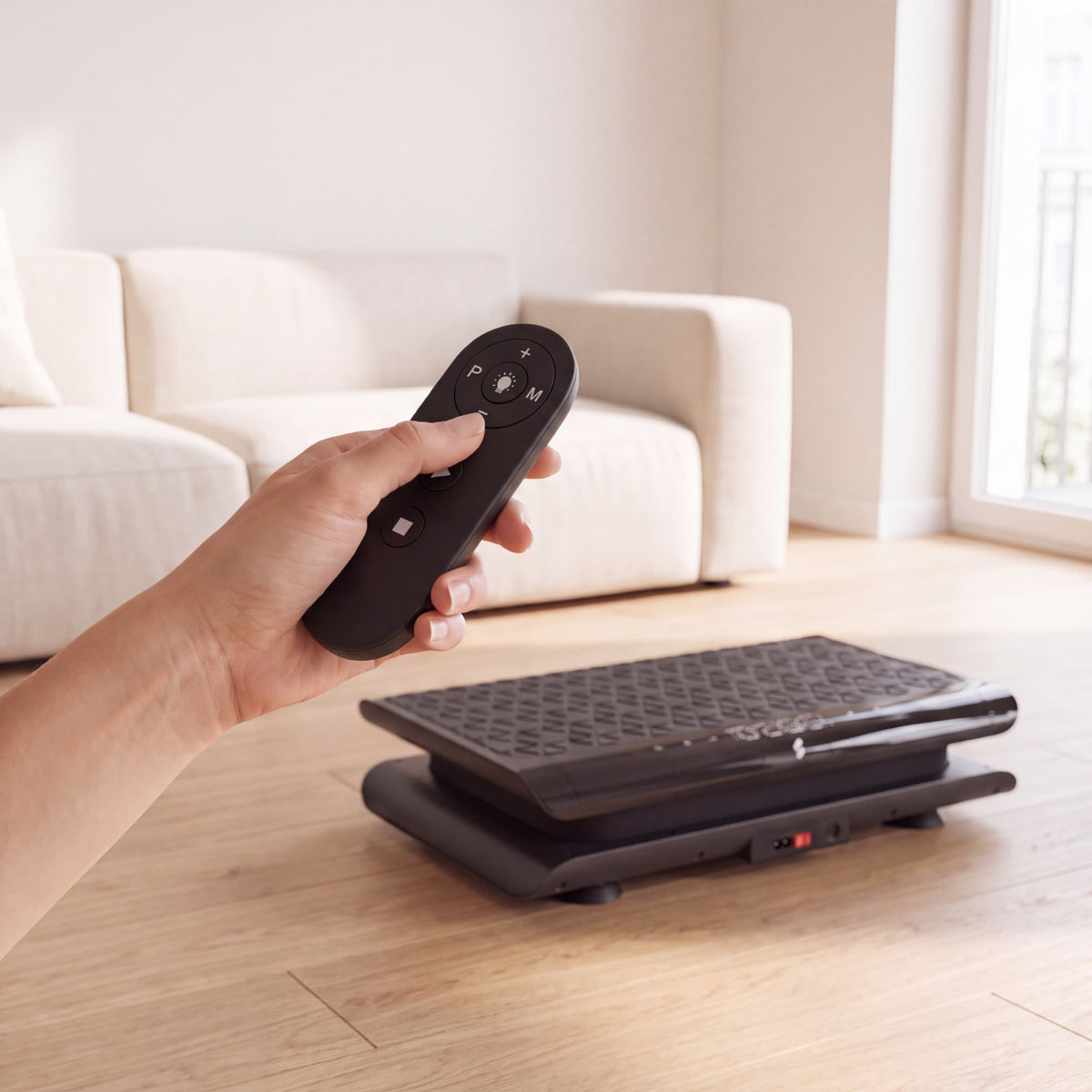 Hand steuert die sVibe Lite mit der Fernbedienung vor einem hellen Sofa