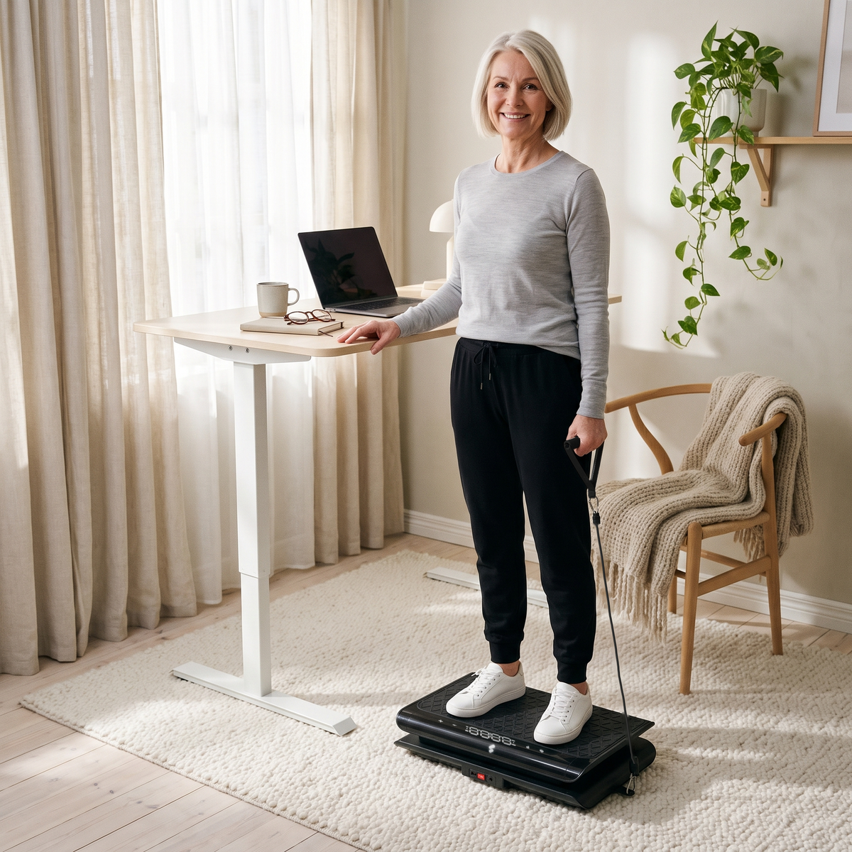 Frau steht mit Trainingsband auf der Sportstech sVibe Lite Vibrationsplatte neben einem Schreibtisch