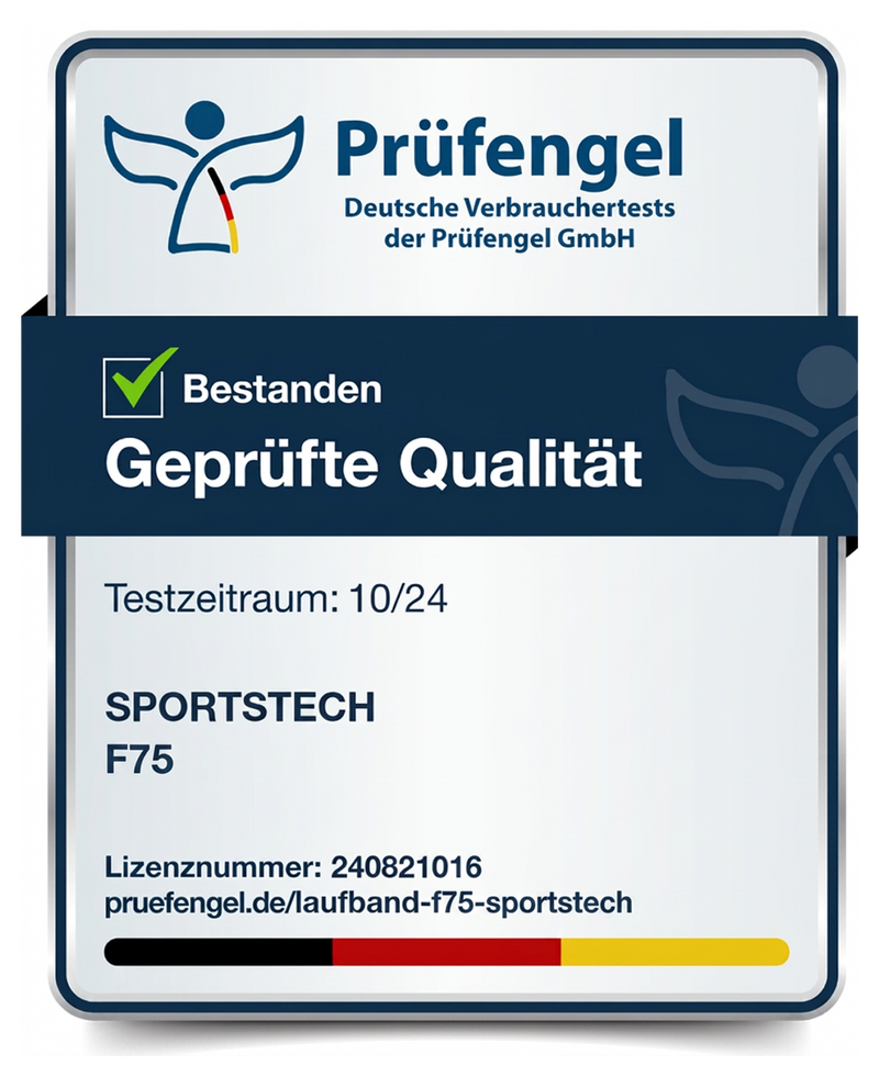 Prüfengel Geprüfte Qualität bestanden, Testzeitraum 10/24, Sportstech F75 Laufband