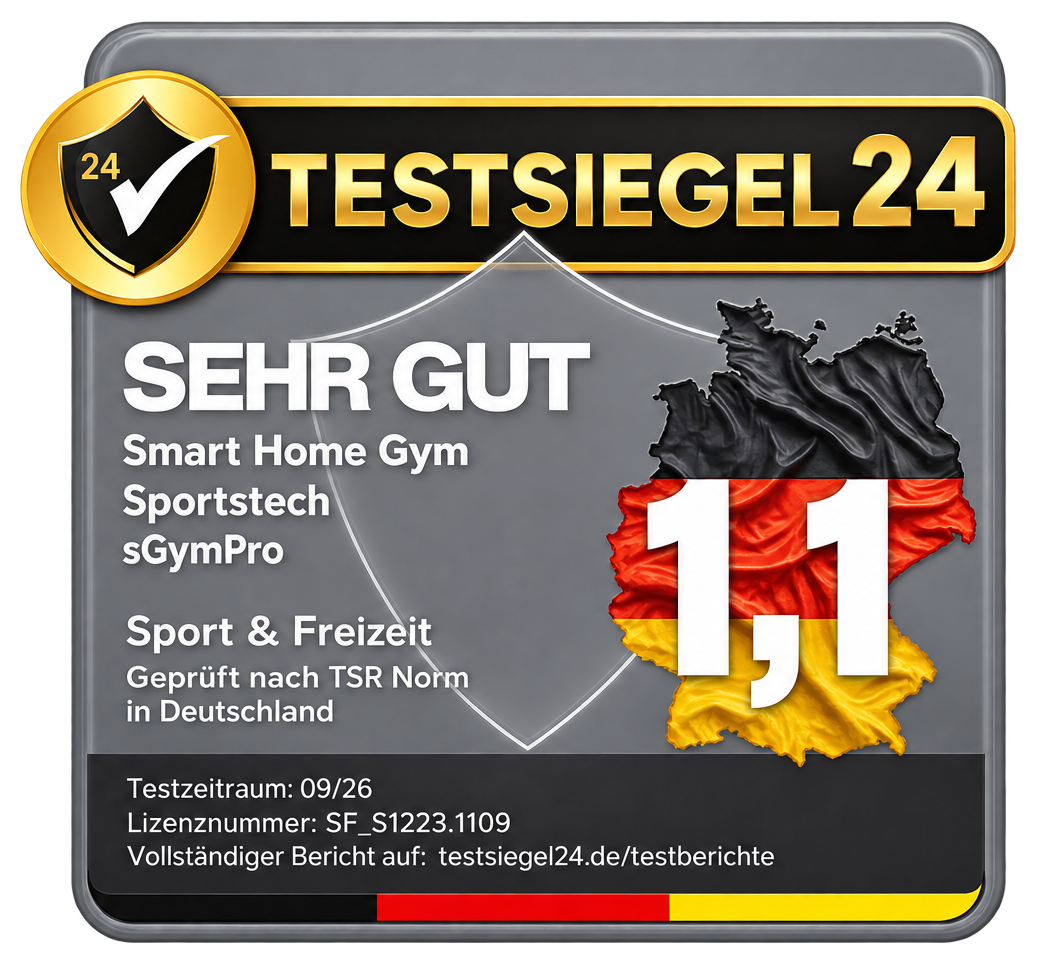 Testsiegel24 SEHR GUT (1,1), Smart Home Gym, Testzeitraum 09/26, Sportstech sGym Pro Kraftstation