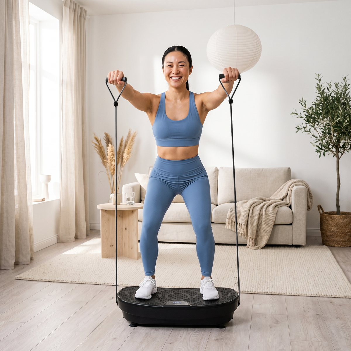 Frau trainiert mit Trainingsbändern auf der Sportstech VP250 Vibrationsplatte im Wohnzimmer