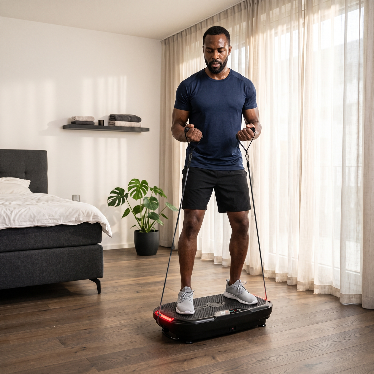 Mann trainiert mit Trainingsbändern auf der Sportstech VP275 Vibrationsplatte im Schlafzimmer