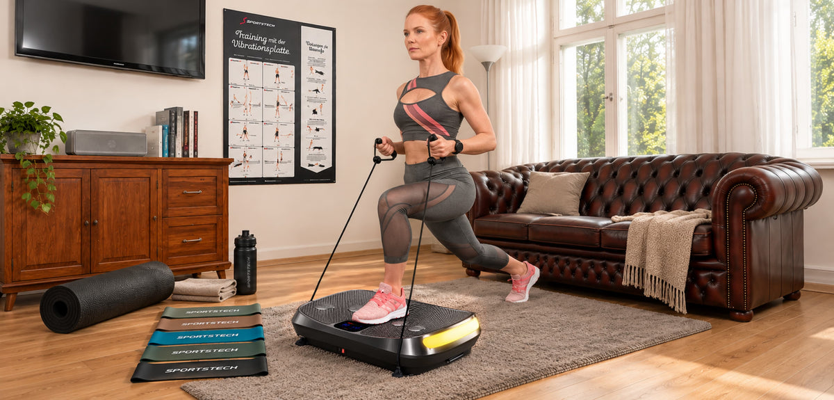 Frau trainiert mit Power Ropes auf der Sportstech VP400 Vibrationsplatte im Wohnzimmer