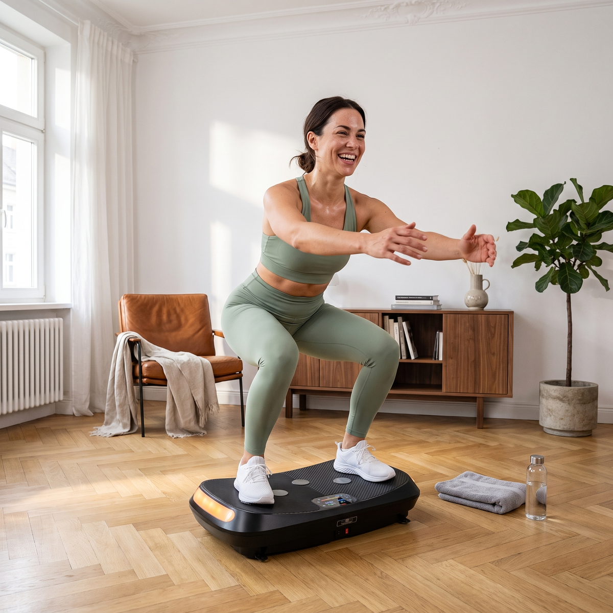 Frau macht Kniebeugen auf der Sportstech VP400 Vibrationsplatte im Wohnzimmer