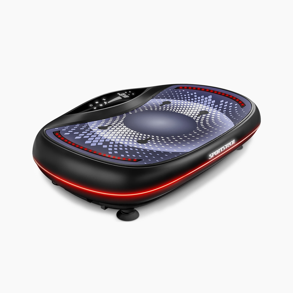 Sportstech VP500 Vibrationsplatte freigestellt, Schrägansicht mit Display vorne und roter LED-Leiste