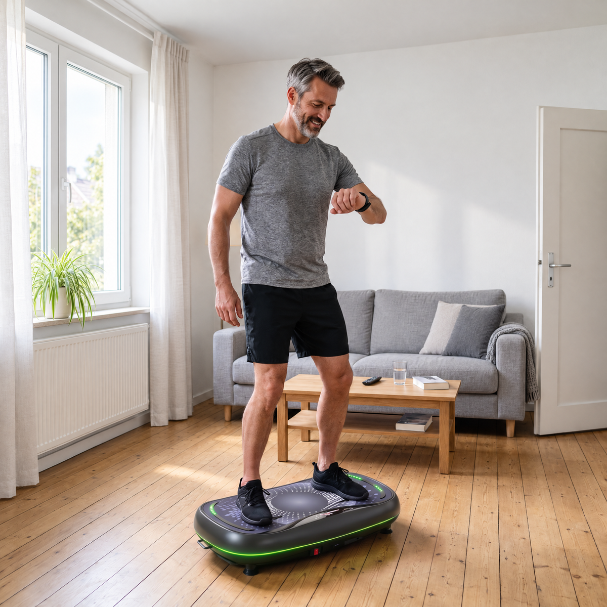 Mann trainiert auf der Sportstech VP500 Vibrationsplatte im hellen Wohnzimmer