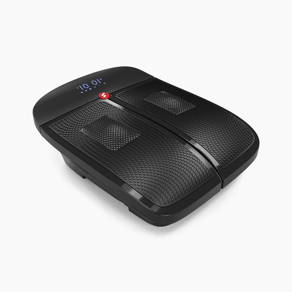 Sportstech VX350 Fuß-Vibrationsplatte freigestellt, Schrägansicht mit Display und zwei Fußflächen