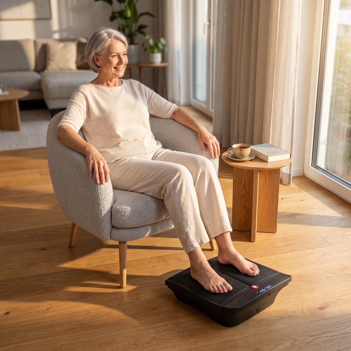 Frau sitzt im Sessel und nutzt die Sportstech VX350 Fuß-Vibrationsplatte im Wohnzimmer