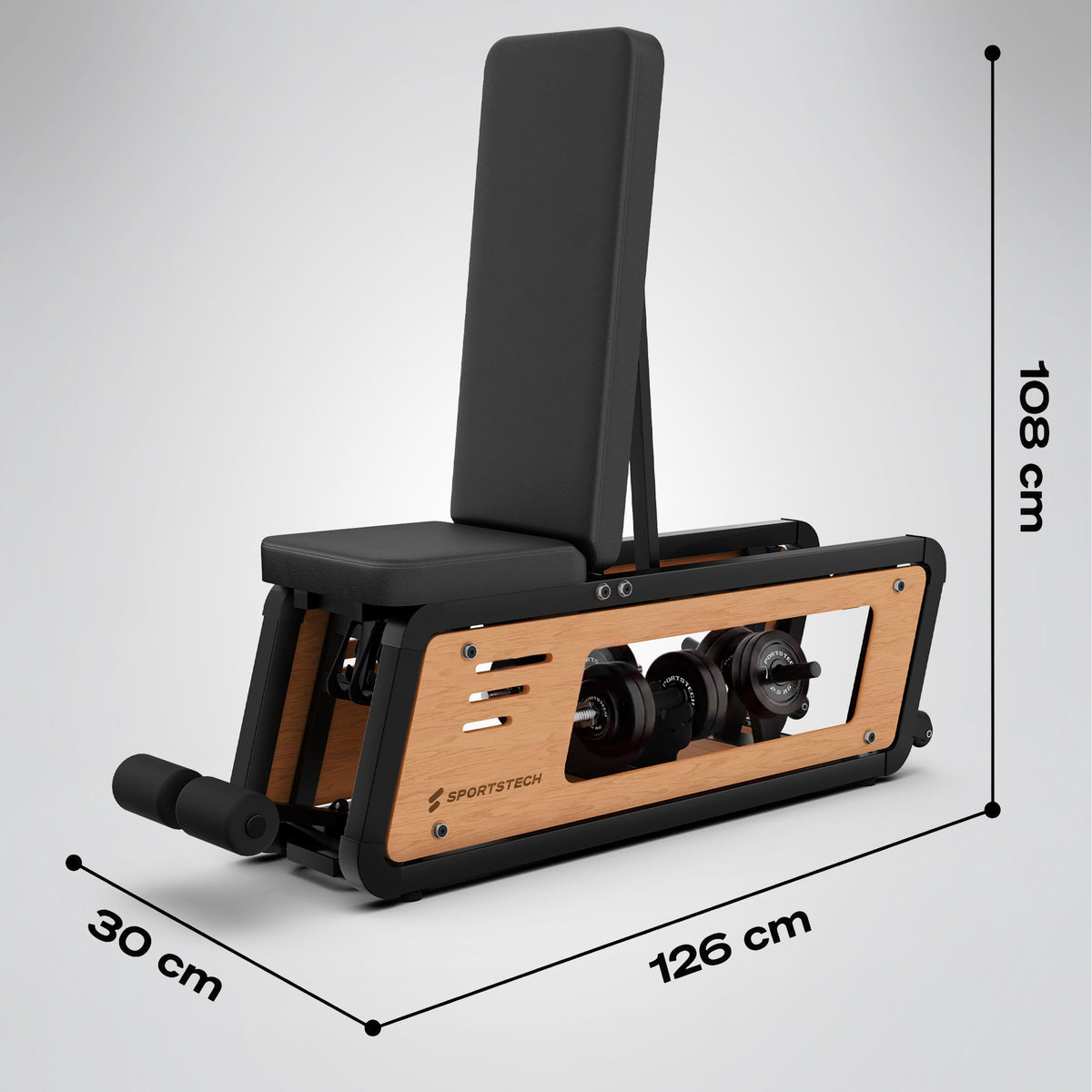 Maße der Woodmate Lite Hantelbank: 126 cm lang, 30 cm breit, 108 cm hoch