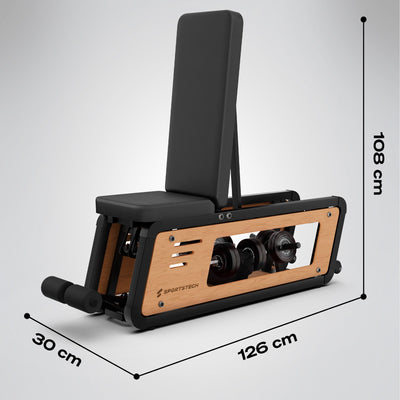 Maße der Woodmate Lite Hantelbank: 126 cm lang, 30 cm breit, 108 cm hoch